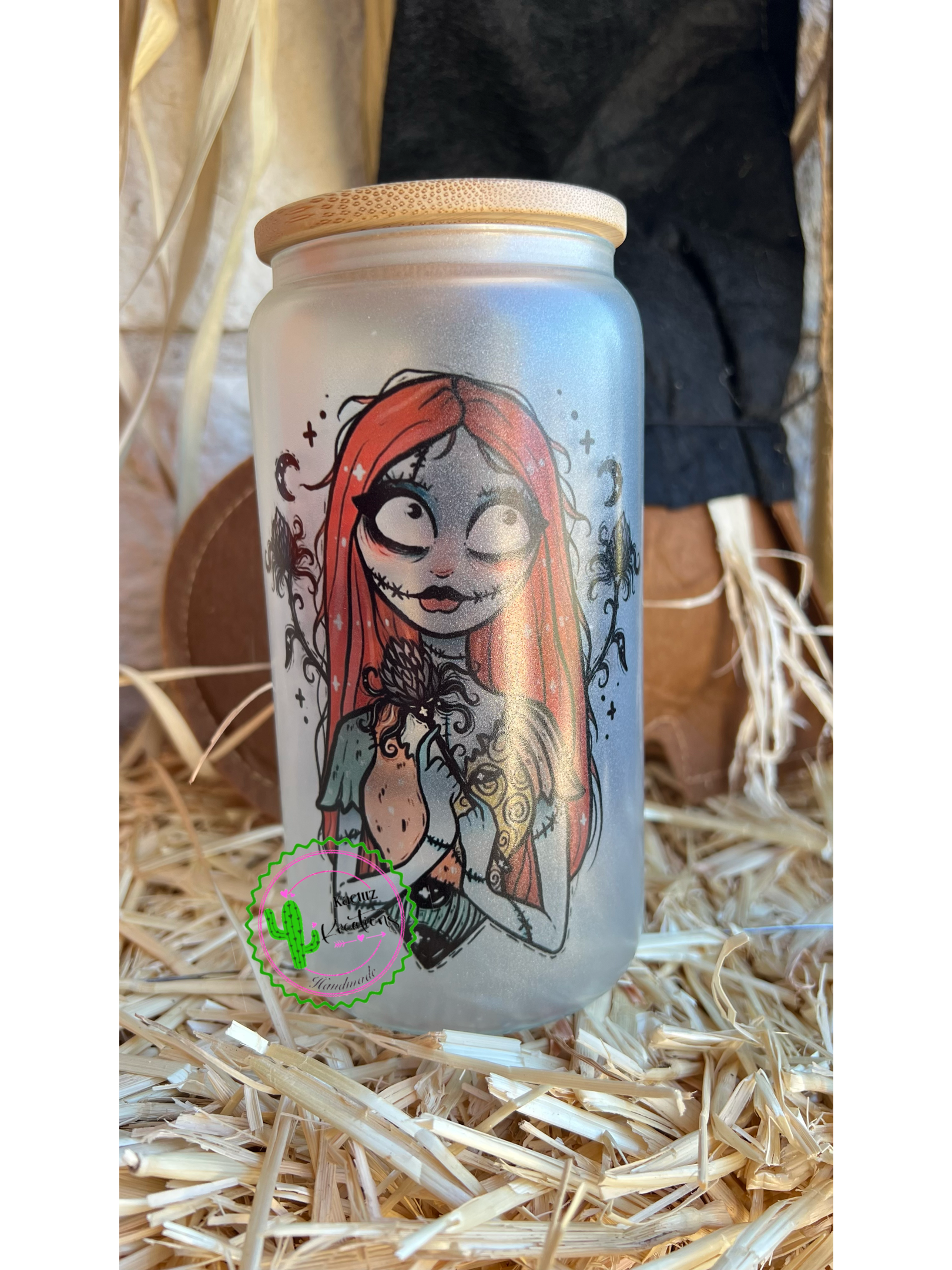 Nightmare before christmas glass can drinking glass bamboo lid and straw